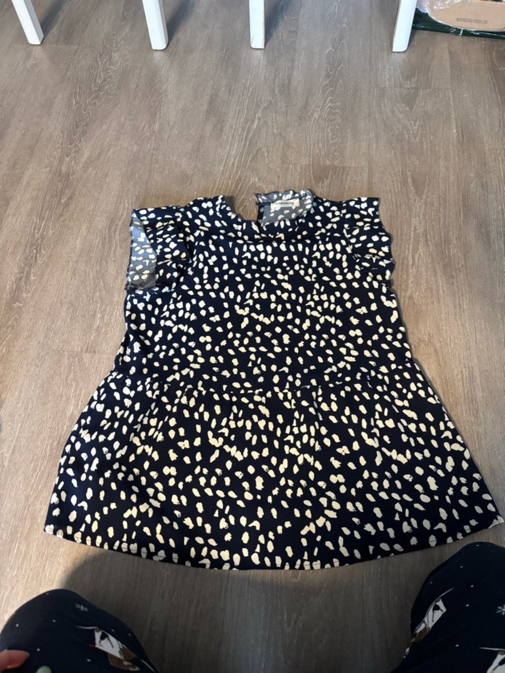 Amazon Women's Navy and Cream Printed Flutter Sleeve Top